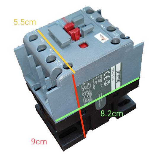 Electrical contactor with dimensions labeled on a white background