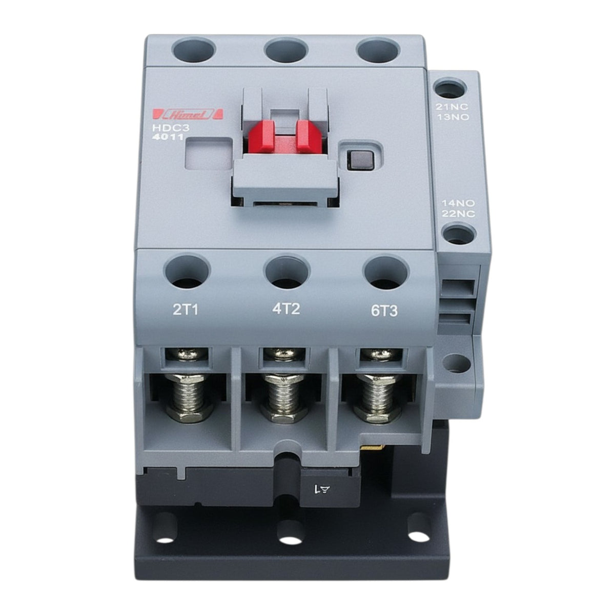 A 3-pole contactor relay with a gray plastic housing, black mounting base, and red central switch, shown on a plain white background.