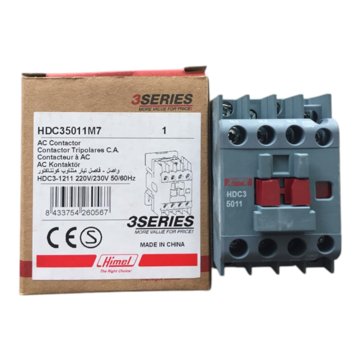 A 3Series AC Contactor (HDC35011M7) by Himel, shown next to its original cardboard packaging box on a plain white background.