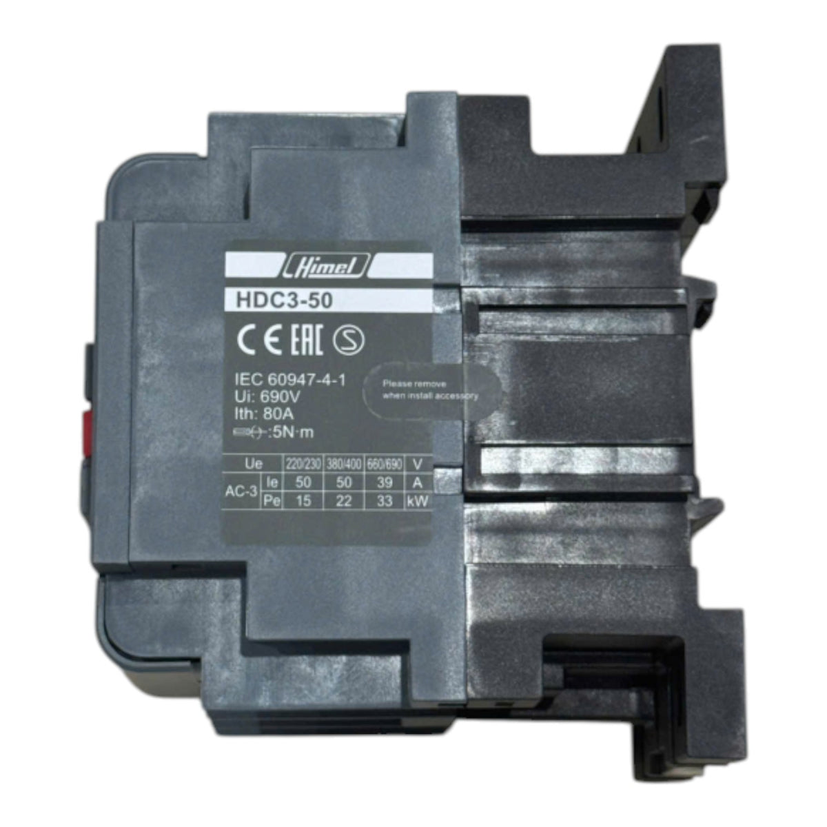 A black plastic electrical contactor module with a white printed label showing the brand 'Himel' and model 'HDC3-50'.