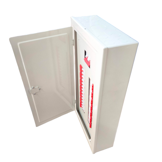 Himel miniature circuit breaker panel board with open white metal enclosure and red circuit breakers