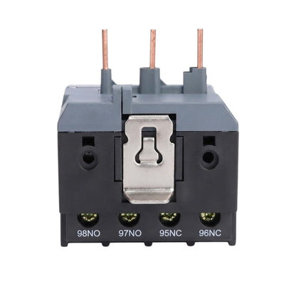 A compact electrical contactor or relay component with a dark gray and black housing, a silver central latch, three copper-colored terminal stems on top, and four green screw terminals labeled 98NO, 97NO, 95NC, and 96NC on the front.