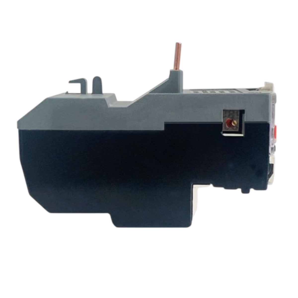 A replacement toner cartridge, shown from the side against a plain white background. The cartridge features a dark gray top section and a black bottom body, with a small copper-colored wire protruding from the top and a small red button on the side.