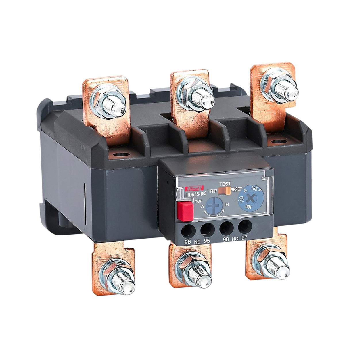 A black thermal overload relay with copper-colored terminal blocks and silver screws, featuring a front panel with red and blue switches and labels, isolated on a white background.