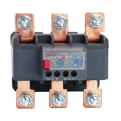 A 3-phase thermal overload relay with a black plastic housing, copper-colored terminal blocks, and a central test dial, shown on a white background.