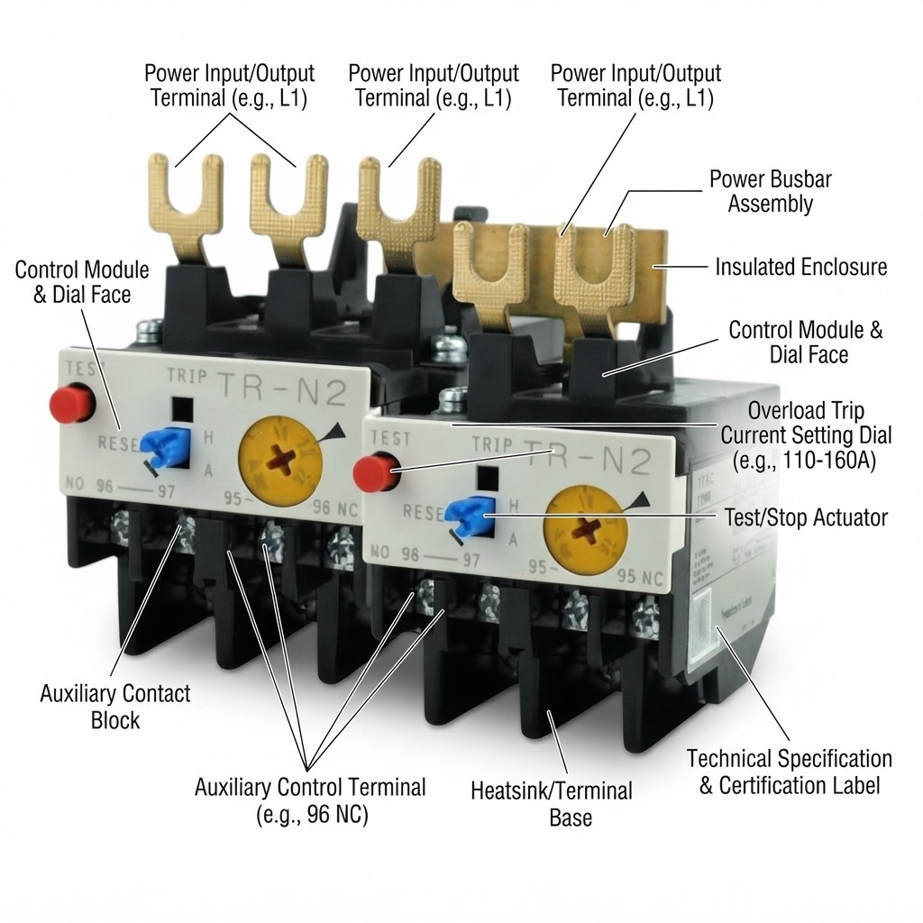 A technical product diagram of a pair of contactors labeled TR-N2, showing labeled parts such as power input/output terminals, power busbar assembly, control module & dial face, auxiliary contact block, auxiliary control terminal, heatsink/base, and test/stop actuator on a white background.