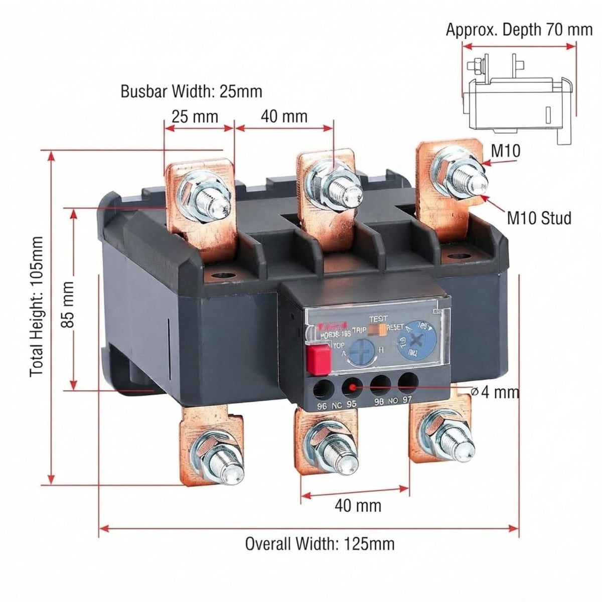 A black electrical contactor with copper-colored terminal blocks and a small control panel, shown with red dimension lines and text indicating measurements such as total height 105mm, overall width 125mm, and busbar width 25mm on a white background.