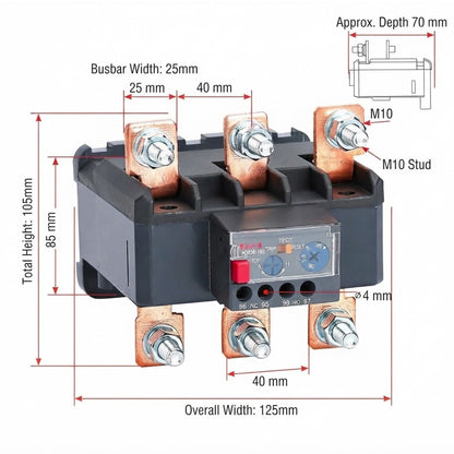 A black electrical contactor with copper-colored terminal blocks and a small control panel, shown with red dimension lines and text indicating measurements such as total height 105mm, overall width 125mm, and busbar width 25mm on a white background.