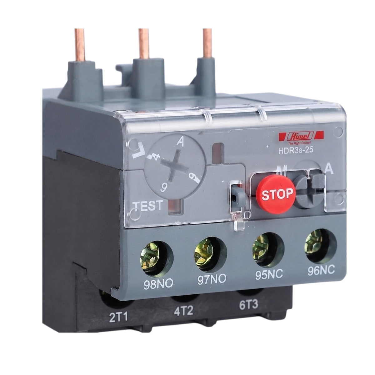 A Hombi hydraulic relay contactor, model HDR36-25, featuring a gray plastic body, black base, copper-colored terminal posts, and a prominent red STOP button, shown on a white background.