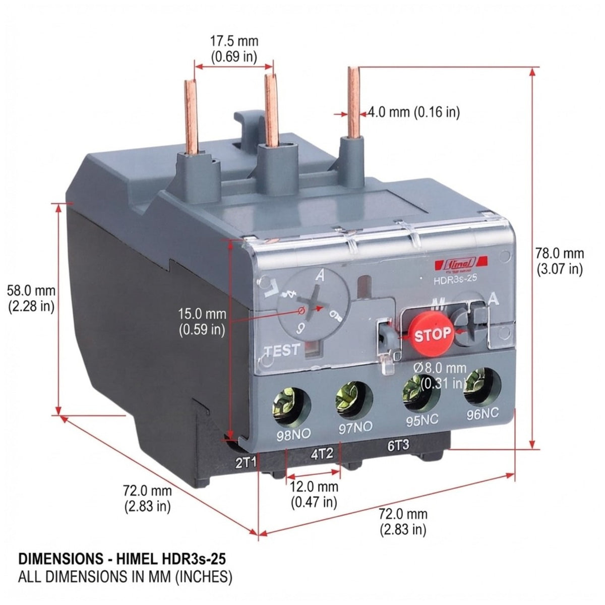 Technical dimension diagram of a HimeL HDR3-25 contactor, showing all physical measurements in millimeters and inches with red lines and labels on a white background.