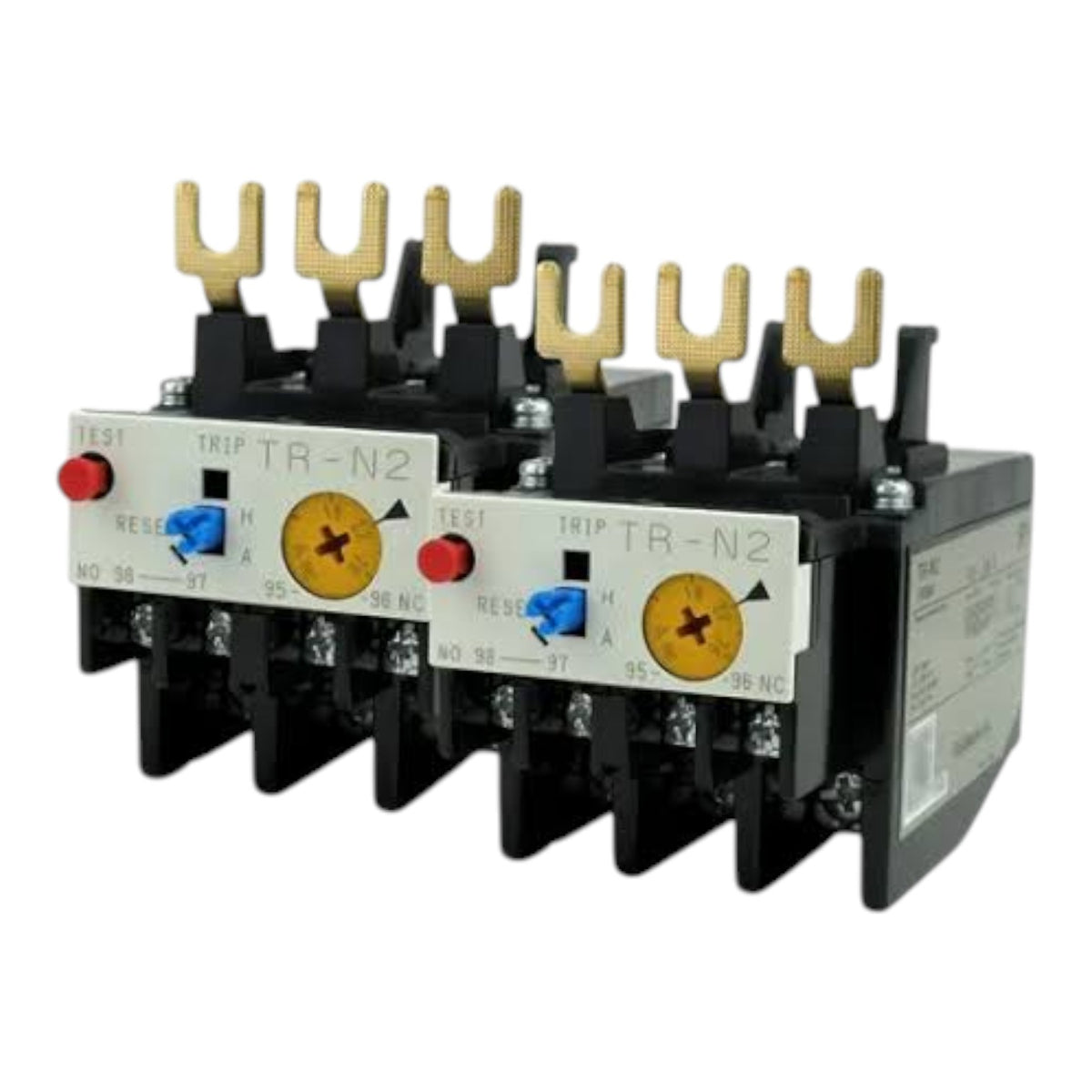 A pair of industrial contactors labeled 'TR-N2' with black bodies, gold-colored terminal posts, white front panels, red reset buttons, blue adjustment knobs, and yellow overload relays, shown on a white background.