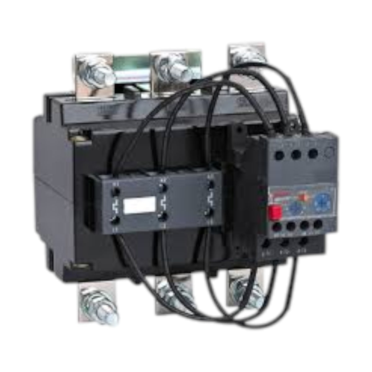An industrial electrical contactor or relay component with black terminal blocks, silver metal screw terminals, and several black connecting wires, shown on a plain white background.