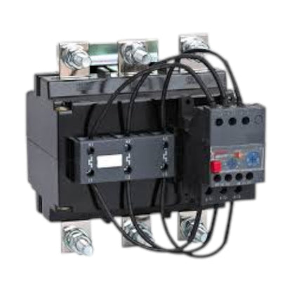 An industrial electrical contactor or relay component with black terminal blocks, silver metal screw terminals, and several black connecting wires, shown on a plain white background.