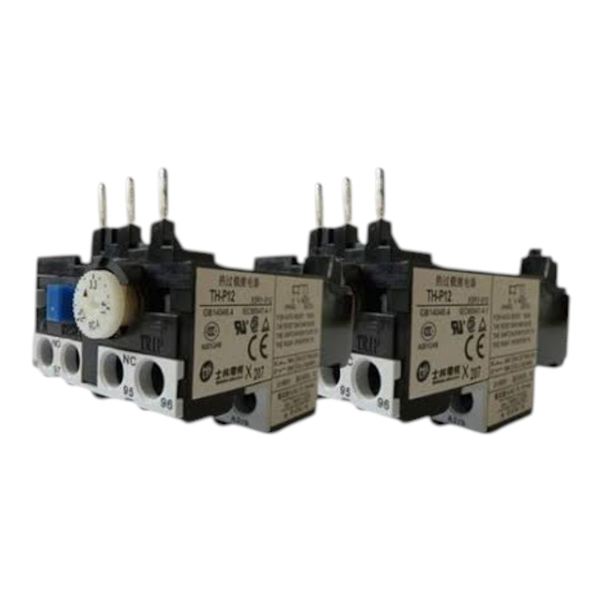 Two industrial thermal overload relays, model TH-P2D, with black plastic bodies, silver metal terminals, and beige labels, shown against a plain white background.
