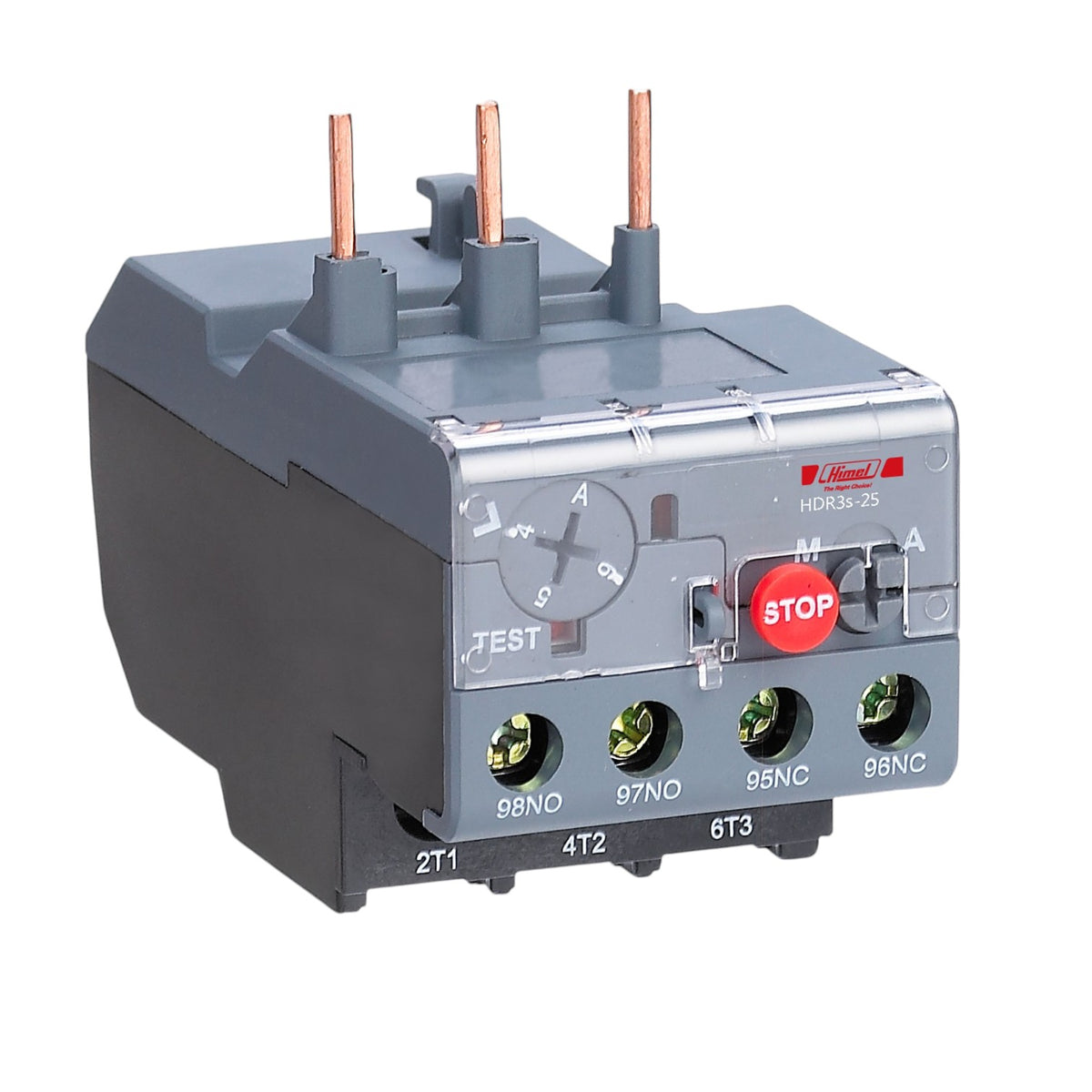 A Schneider Electric HKS035 thermal overload relay with a gray plastic housing, black base, copper-colored terminal posts, and a red STOP button, shown on a white background.