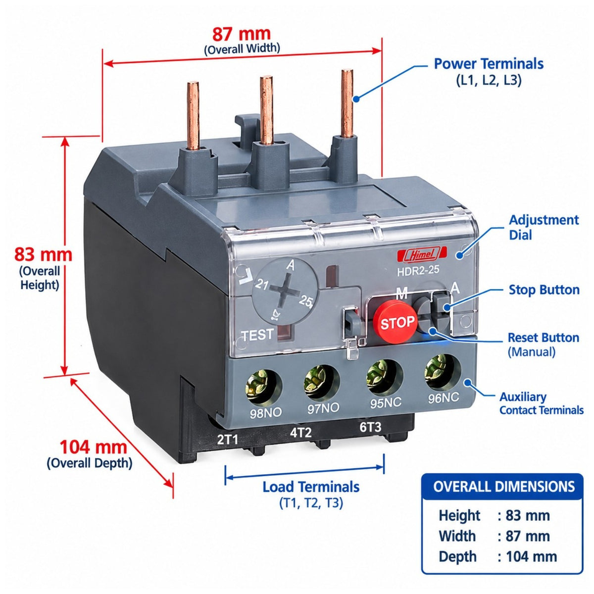 A technical product diagram of a Hager HD62-25 contactor with red dimension lines and labels showing overall width, height, and depth, plus terminal labels and a blue overall dimensions box.