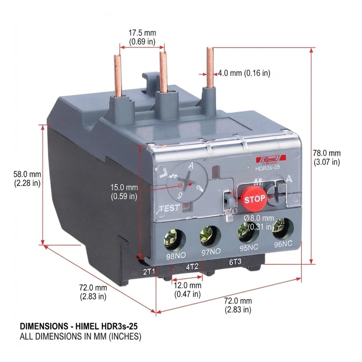 Technical dimension diagram of a Hameg HDR3s-25 thermal relay, showing all measurements in millimeters and inches with red lines and labels on a white background.