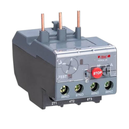 A gray and black industrial thermal overload relay with copper-colored terminals, a red STOP button, and green terminal connectors, shown on a plain white background.