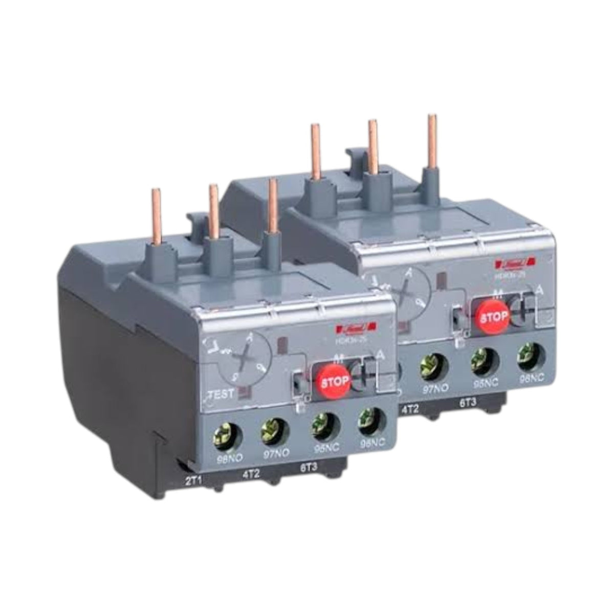 Two Siemens modular electrical contactors, model 6DDUC30, shown on a plain white background. The contactors are gray with copper-colored terminal leads on top, a gray base, and red STOP buttons on the front.