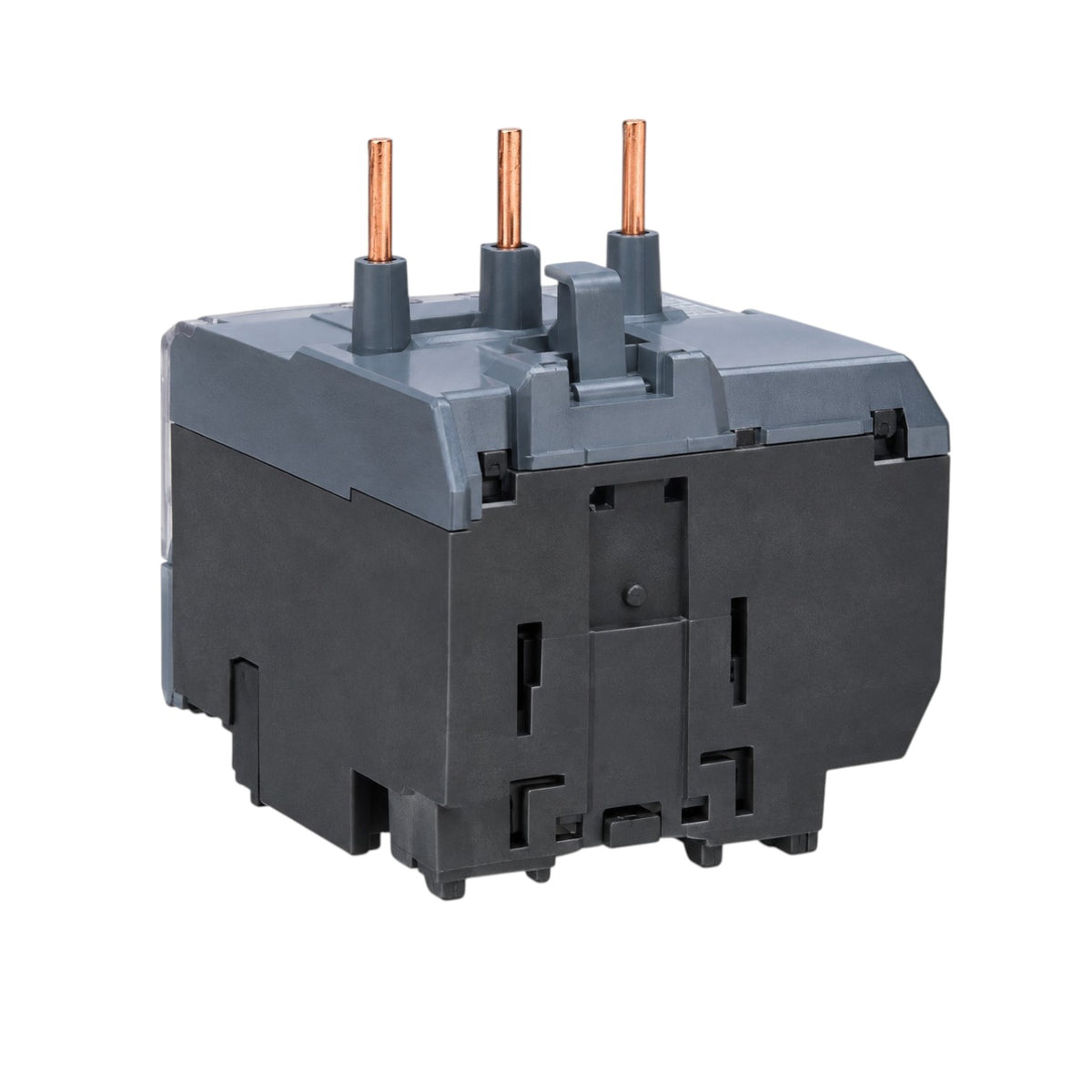 A dark gray and black electrical terminal block with three copper-colored screw terminals on top, shown against a plain white background.