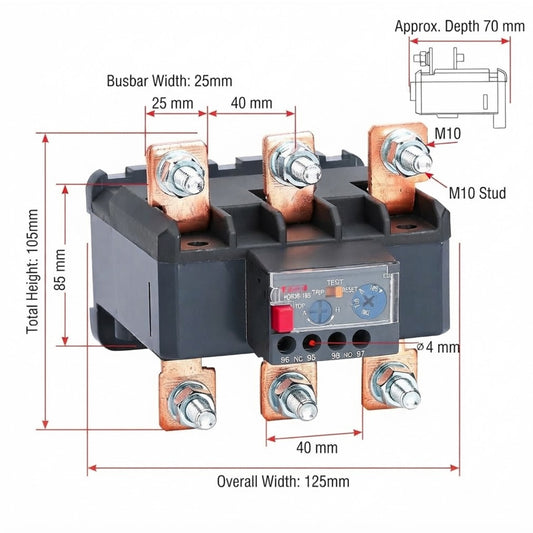 A black electrical contactor with copper-colored terminal blocks and a small control panel, shown with red dimension lines and text indicating measurements such as total height 105mm, overall width 125mm, and busbar width 25mm on a white background.