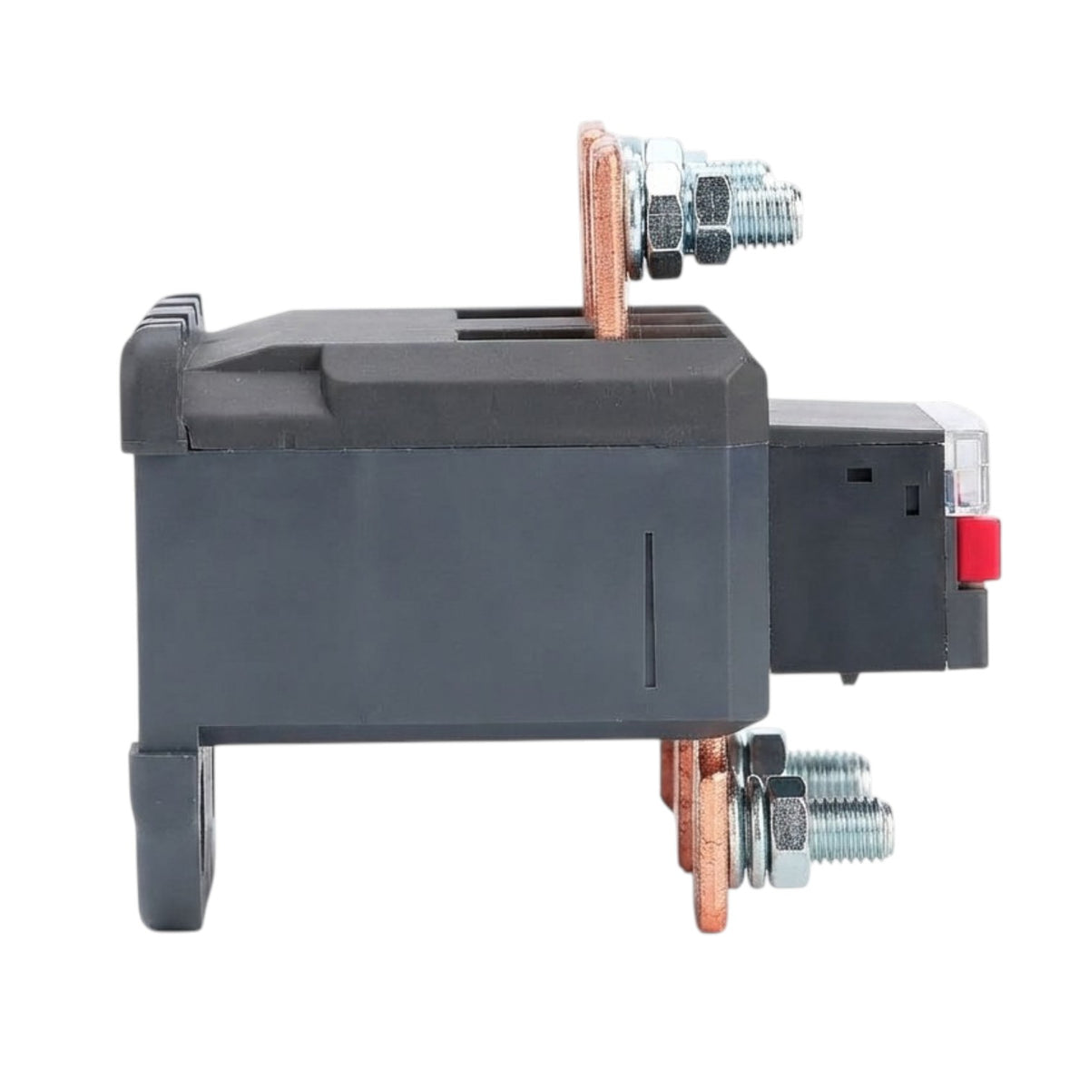 A black electrical terminal block with copper-colored screw terminals and a small red switch, shown on a plain white background.