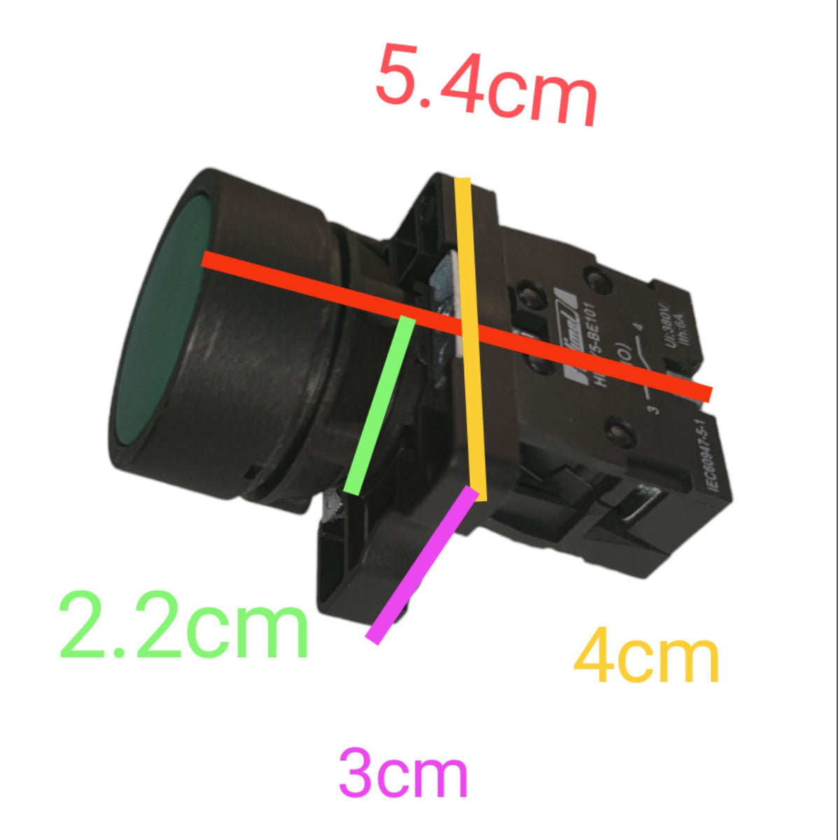 A black push-button switch with overlaid dimension labels in red, green, yellow, and purple showing measurements of 5.4cm, 2.