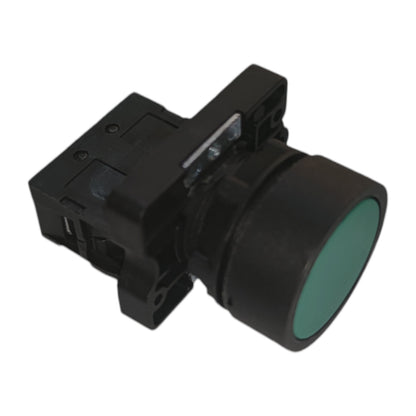 A black plastic industrial push-button switch with a round green-tinted lens, isolated on a white background.