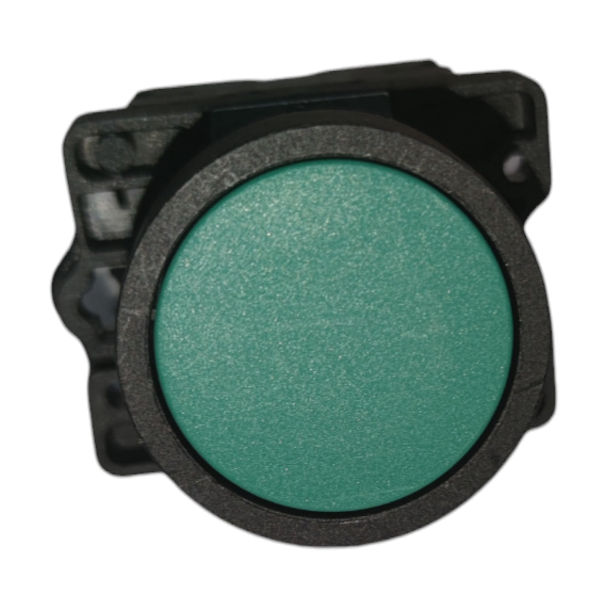 A circular green push-button with a textured green face and a black plastic housing, shown on a plain white background.