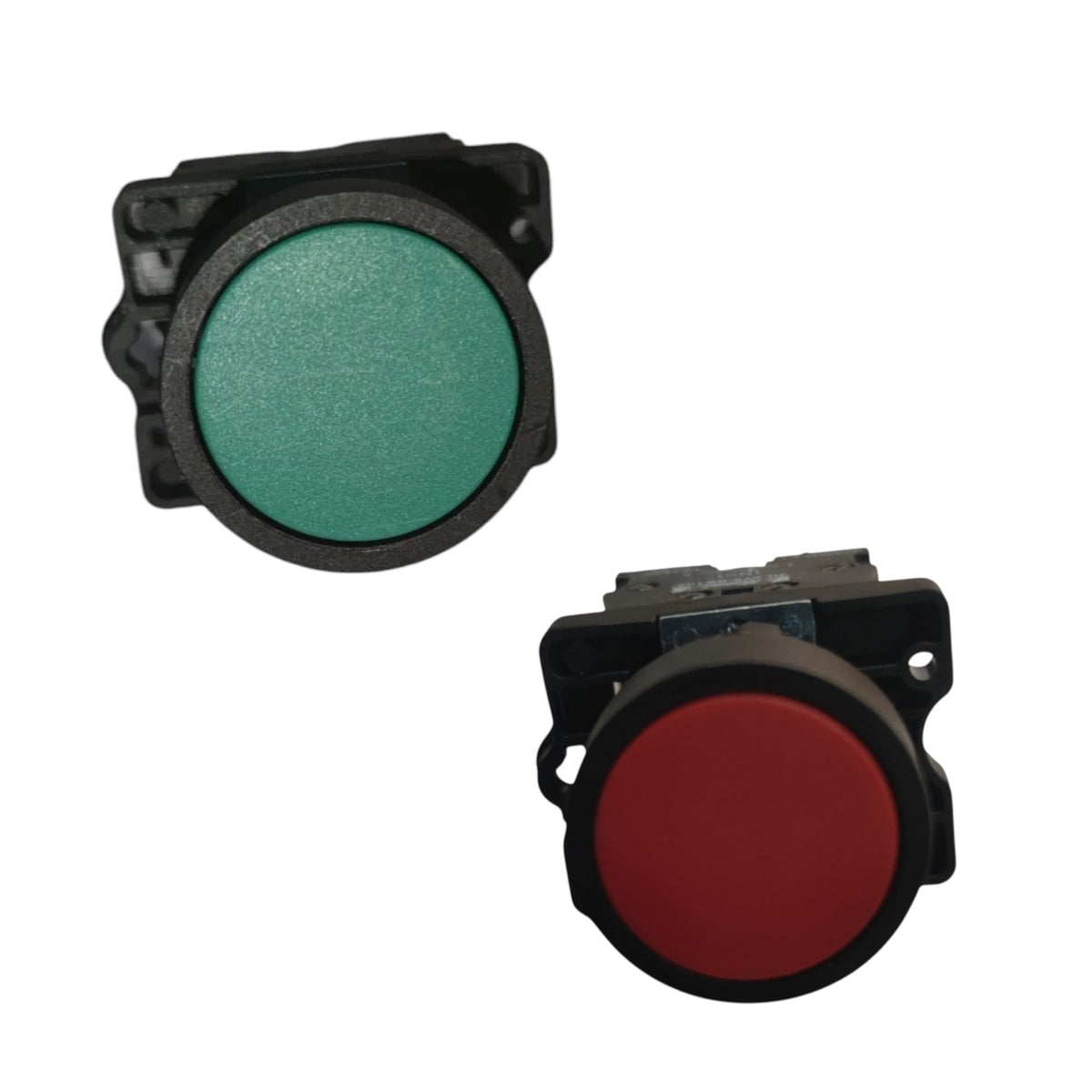 Two industrial push buttons with black plastic housings, one featuring a green button face and the other a red button face, shown on a plain white background.