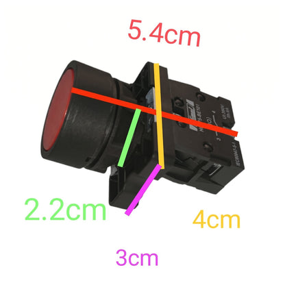 A black electrical push-button switch with a red lens, overlaid with colored dimension lines and text labels showing measurements of 5.4cm, 2.