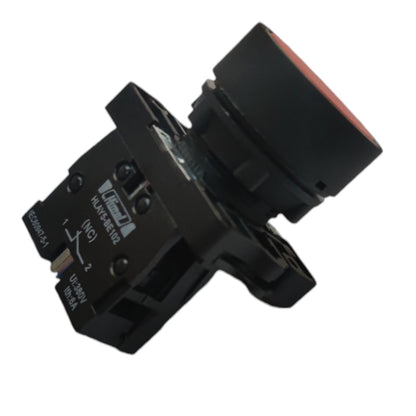 A black industrial push-button switch with a red emergency stop top cap, featuring printed technical specifications on its side, isolated on a white background.