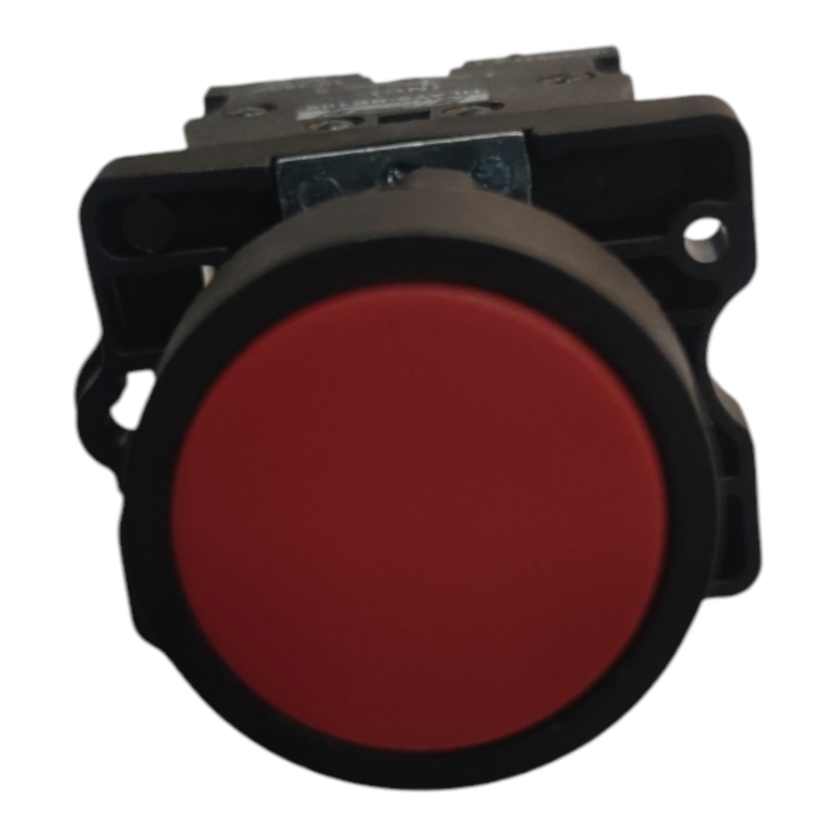 A circular industrial push-button with a red face and a black housing, shown against a plain white background.
