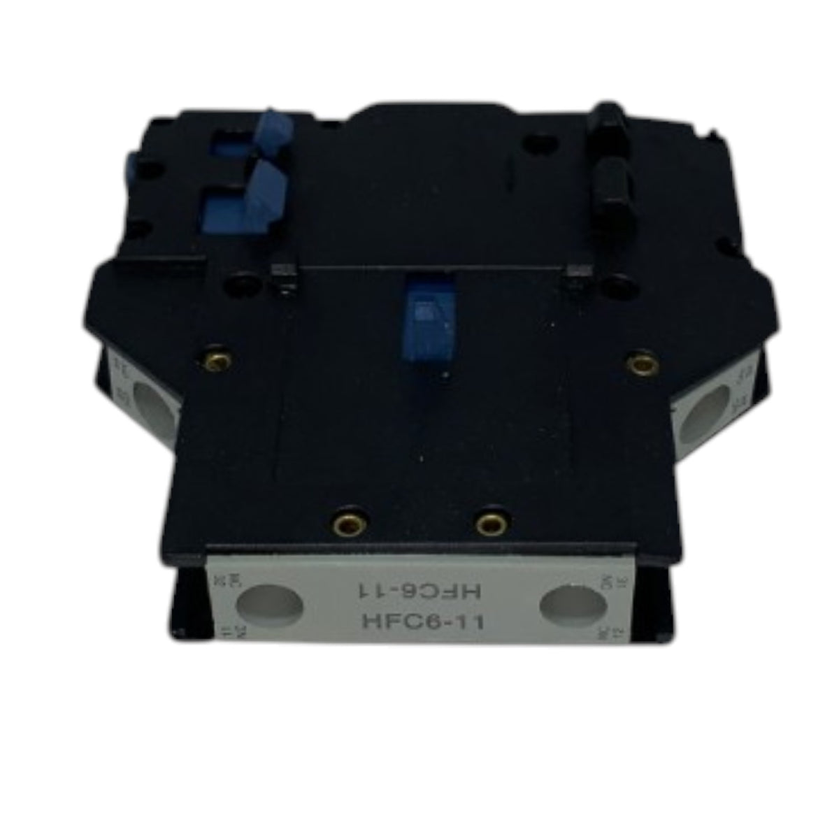A black industrial electrical component or connector with blue plastic switches and a silver metal base plate printed with the model code HFC6-11.