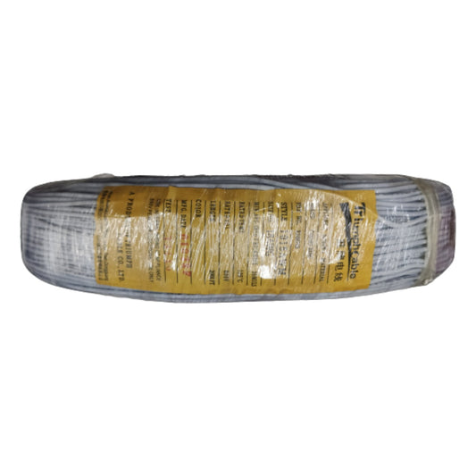 Spool of wire with a yellow label on a white background