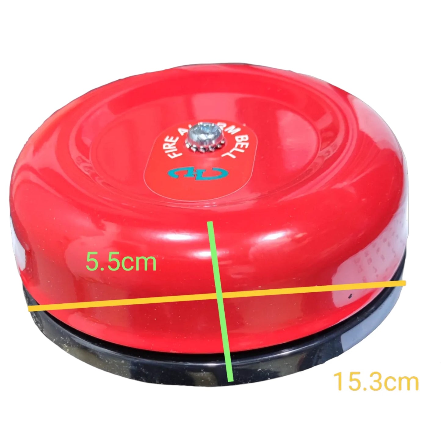 A red fire alarm bell with a black base, shown on a white background with green, yellow, and black dimension lines indicating measurements of 5.5cm, 15.