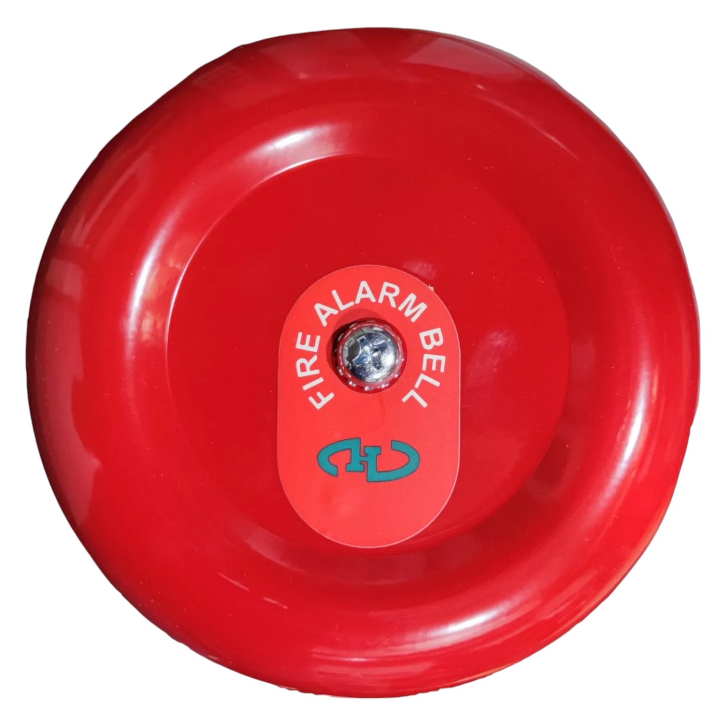 A red fire alarm bell with a central label that reads 'FIRE ALARM BELL' and a teal symbol below it, shown on a plain white background.