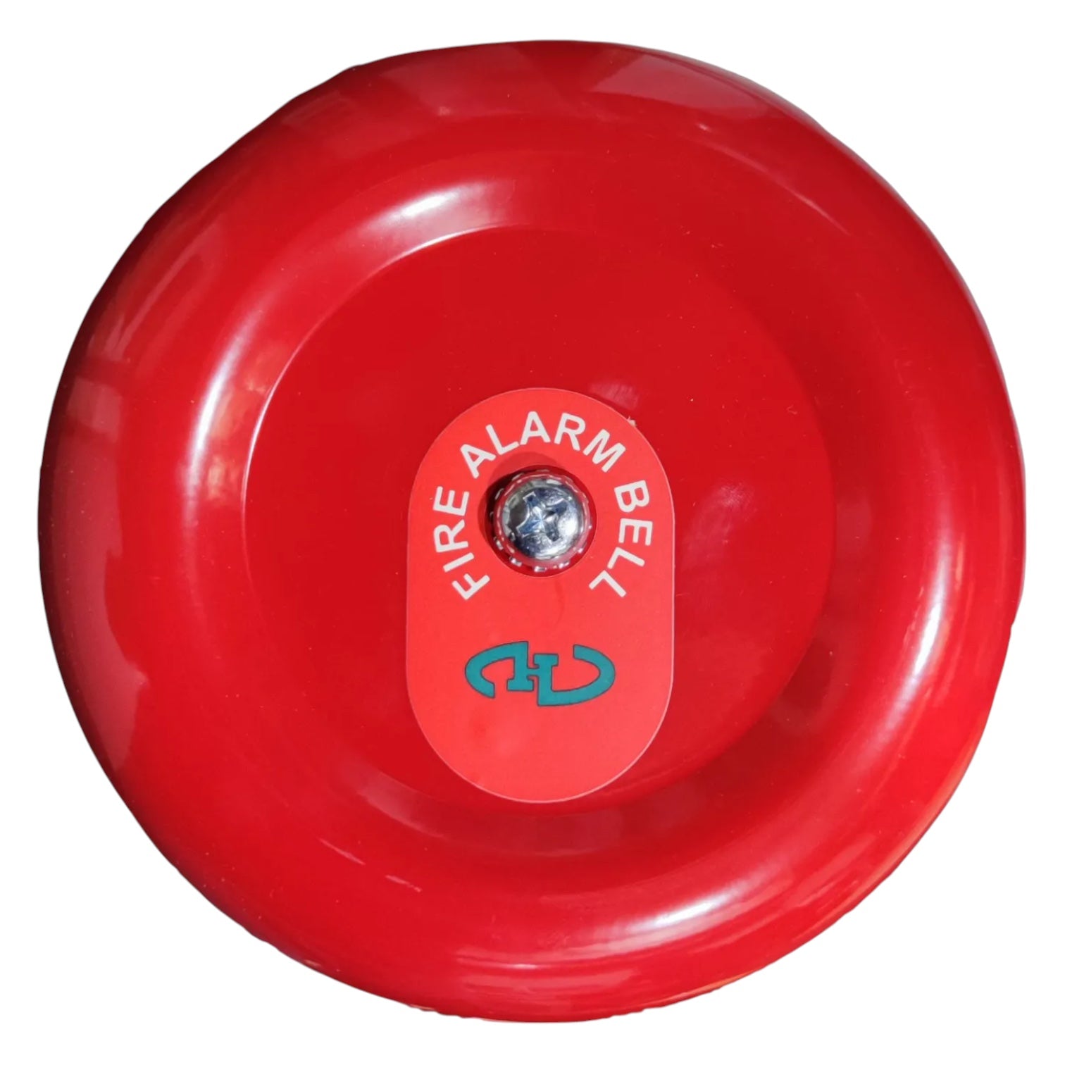 A red fire alarm bell with a central label that reads 'FIRE ALARM BELL' and a teal symbol below it, shown on a plain white background.