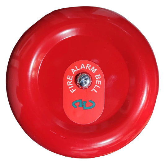 A red fire alarm bell with a central label that reads 'FIRE ALARM BELL' and a teal symbol below it, shown on a plain white background.