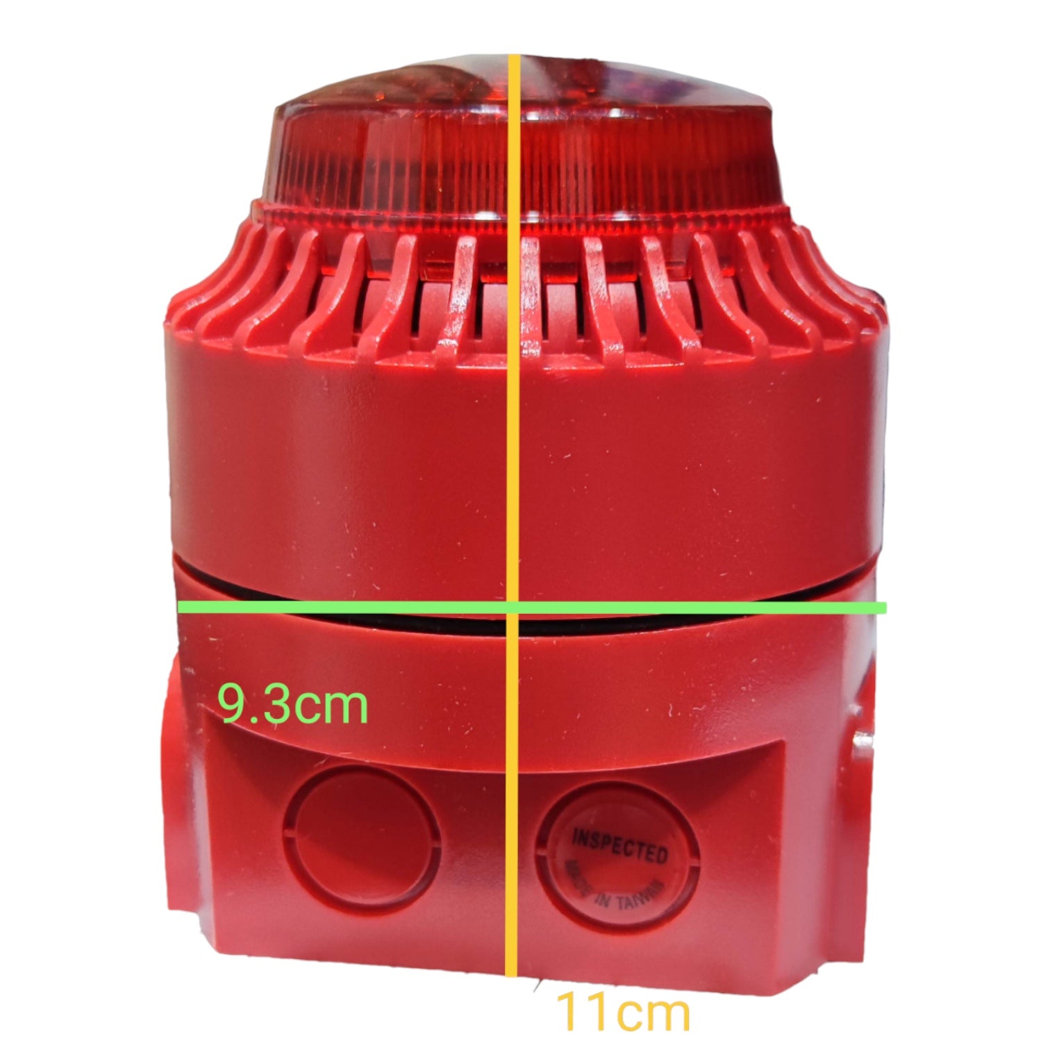 A red cylindrical alarm or beacon device on a white background with overlaid dimension lines showing 9.3 cm width, 11 cm height, and a vertical center divider.