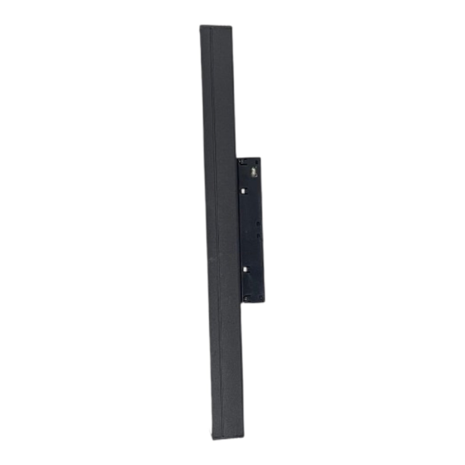 A black metal wall mount bracket with a long vertical arm and a mounting plate, shown against a plain white background.