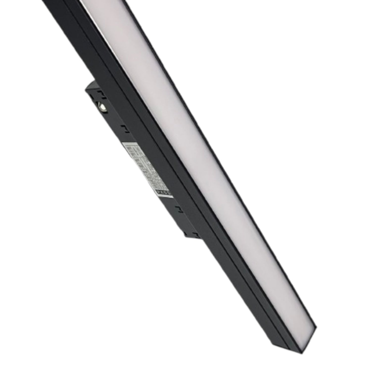 A slim rectangular LED light bar or panel shown diagonally on a plain white background, with a black housing and a bright white illuminated face.