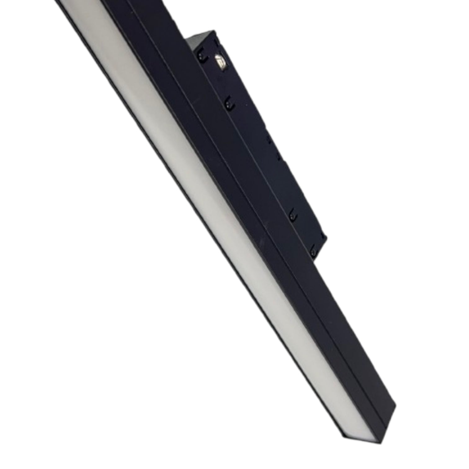 A modern linear LED light fixture with a matte black housing and a white diffuser panel, shown at an angle on a solid white background.