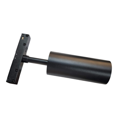 A black cylindrical ceiling light fixture with a mounting bracket, shown on a plain white background.