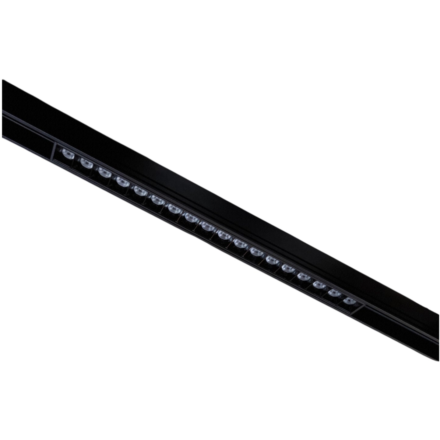 A close-up of a black linear LED light bar with multiple small circular light elements visible along the top surface, shown diagonally on a plain white background.