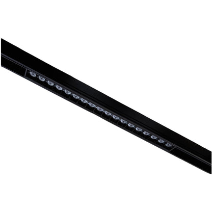 A close-up of a black linear LED light bar with multiple small circular light elements visible along the top surface, shown diagonally on a plain white background.