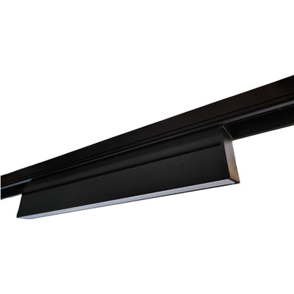 A close-up of a modern linear LED light bar in a matte black finish, shown against a solid white background.