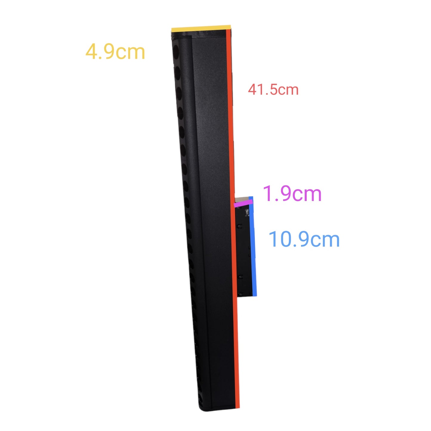 A tall black rectangular panel shown on a white background with overlaid dimension labels: 4.9cm, 41.5cm, 1.9cm, and 10.9cm.