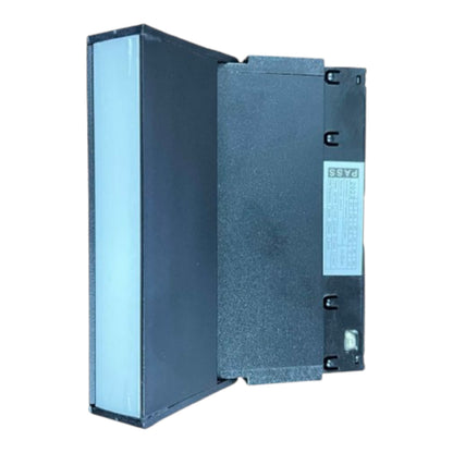 A dark gray metal electronic component or module with a light blue translucent panel on the left side and a white specification label on the right, shown against a plain white background.
