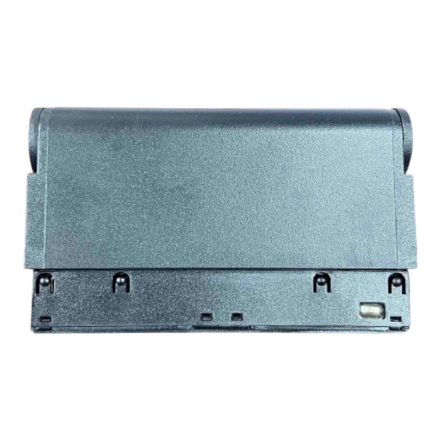 A dark gray rectangular electronic component or battery pack with a textured metallic finish, shown from a top-down view on a solid white background.